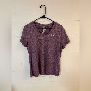 Under Armour HeatGear Pink Gray Striped V-Neck Athletic Tee XL